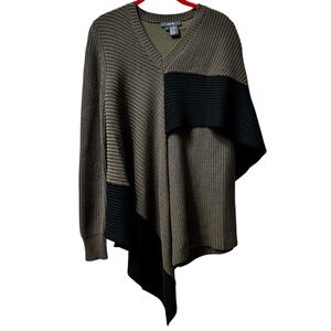 Per Se by Carlisle Asymmetrical Sweater Olive Black Ribbed Knit Size Small